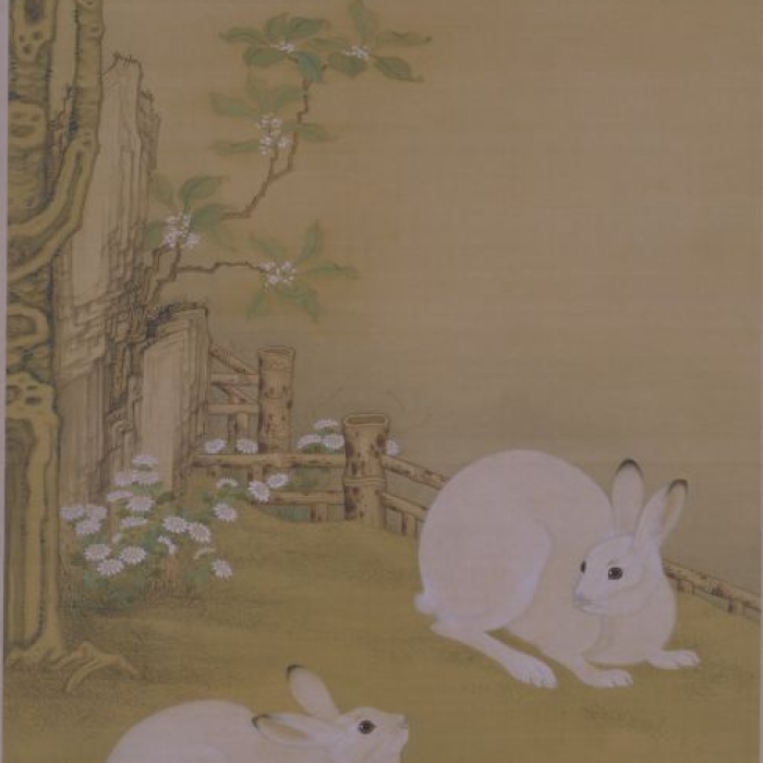 "Two Rabbits on a Wutong Tree" scroll, Qing Dynasty, painted by Leng Mei